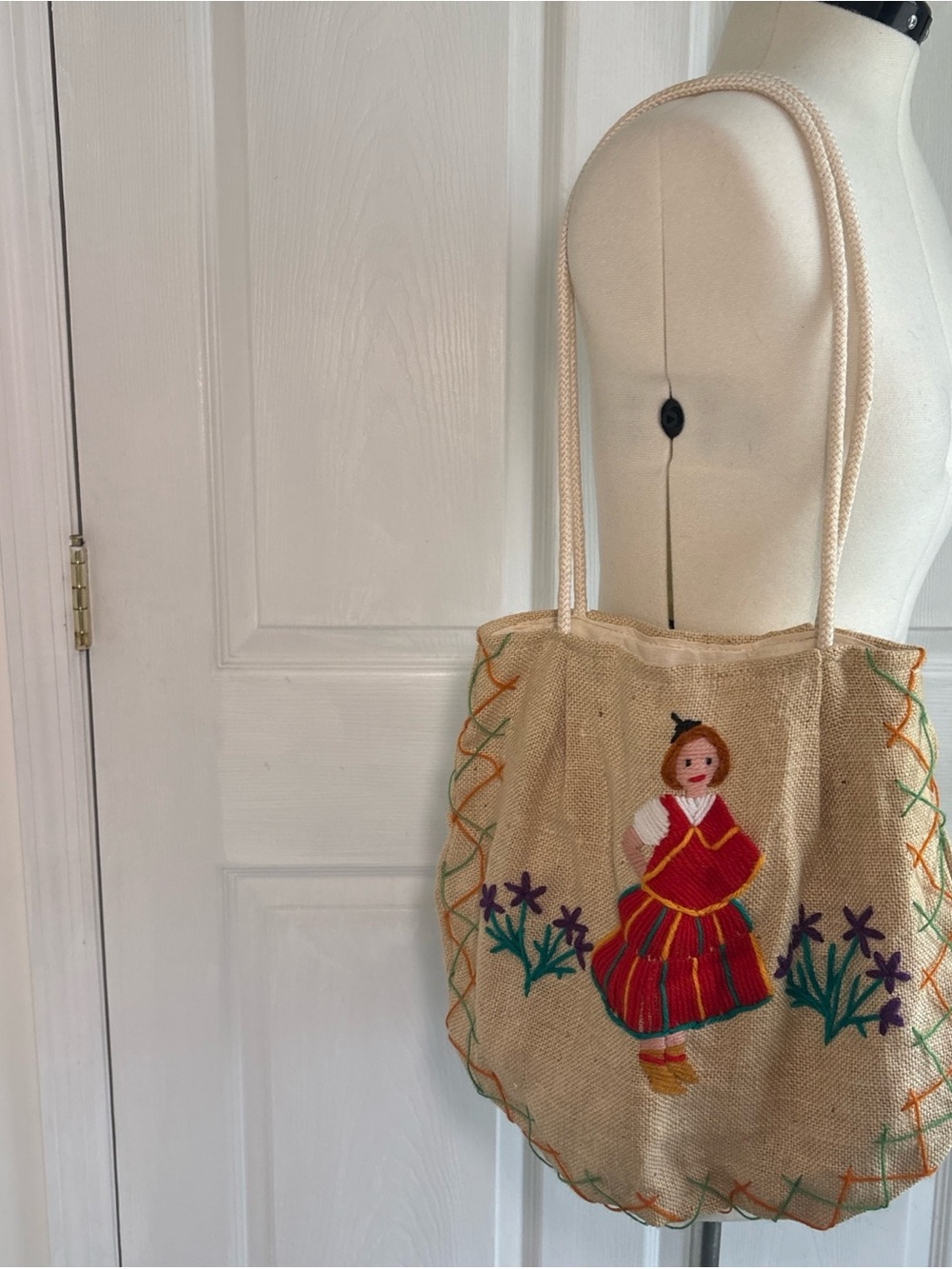 Boho Beige Embroidered Folk art Doll Tote Bag with Rope Handles- large- kitschy